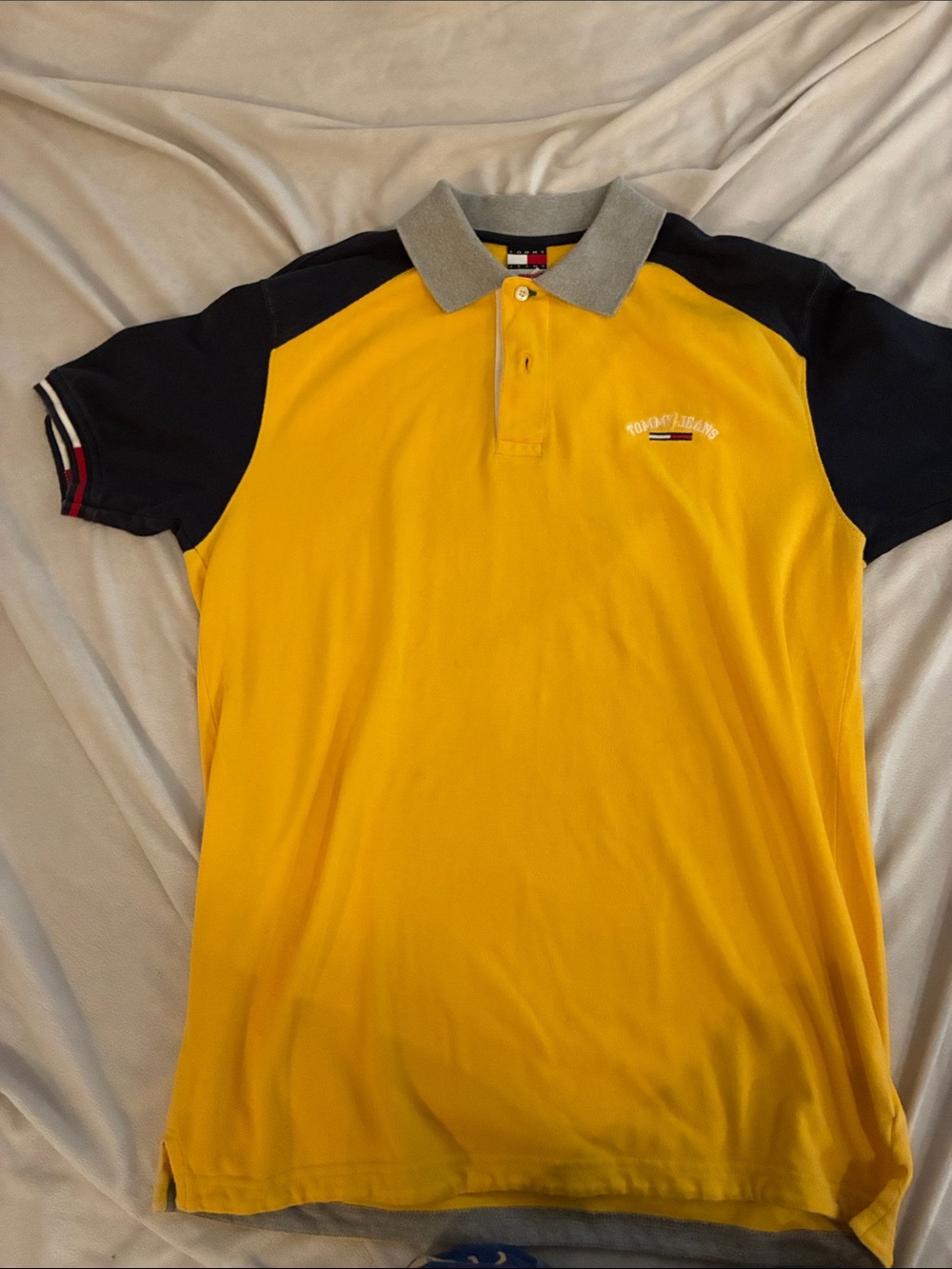 Tommy Hilfiger Yellow Polo with Navy Raglan Sleeves and Gray Collar